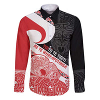 Toitu Te Tiriti Me Te Whakaputanga Family Matching Tank Maxi Dress and Hawaiian Shirt Maori Wahaika With Haka Face LT14 Dad's Shirt - Long Sleeve Red - Polynesian Pride
