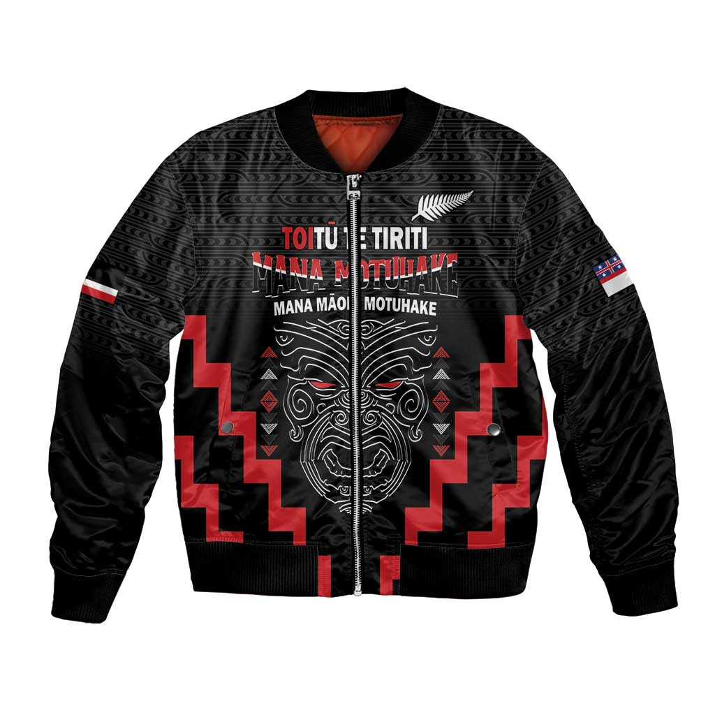 Personalised Toitu Te Tiriti Mana Maori Motuhake Bomber Jacket Aotearoa Haka Face Mix Poutama Art LT14 Unisex Black - Polynesian Pride