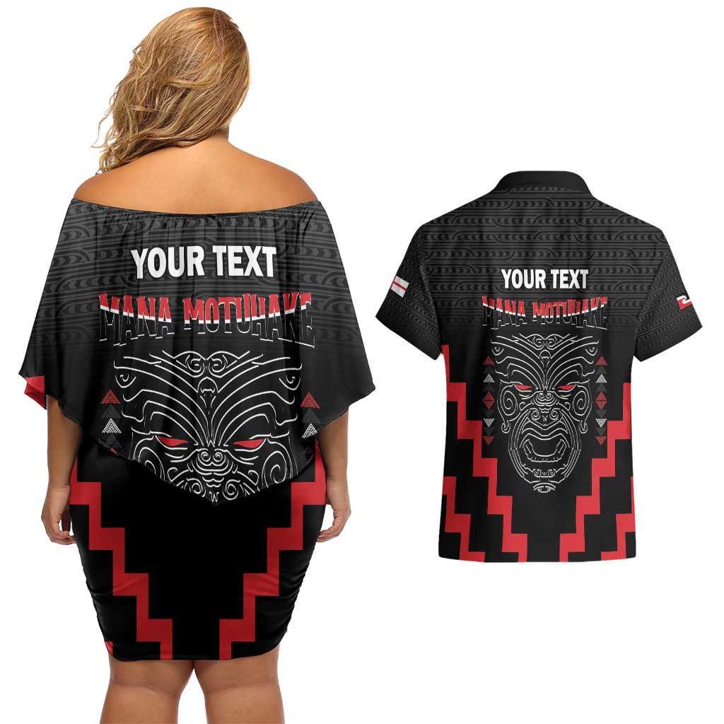 Personalised Toitu Te Tiriti Mana Maori Motuhake Couples Matching Off Shoulder Short Dress and Hawaiian Shirt Aotearoa Haka Face Mix Poutama Art