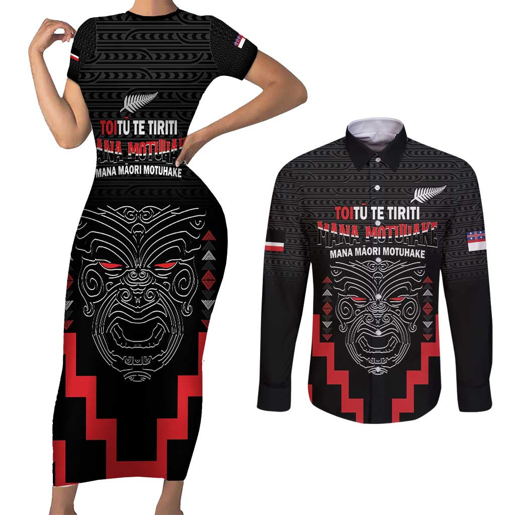 Personalised Toitu Te Tiriti Mana Maori Motuhake Couples Matching Short Sleeve Bodycon Dress and Long Sleeve Button Shirt Aotearoa Haka Face Mix Poutama Art