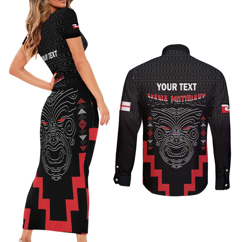 Personalised Toitu Te Tiriti Mana Maori Motuhake Couples Matching Short Sleeve Bodycon Dress and Long Sleeve Button Shirt Aotearoa Haka Face Mix Poutama Art