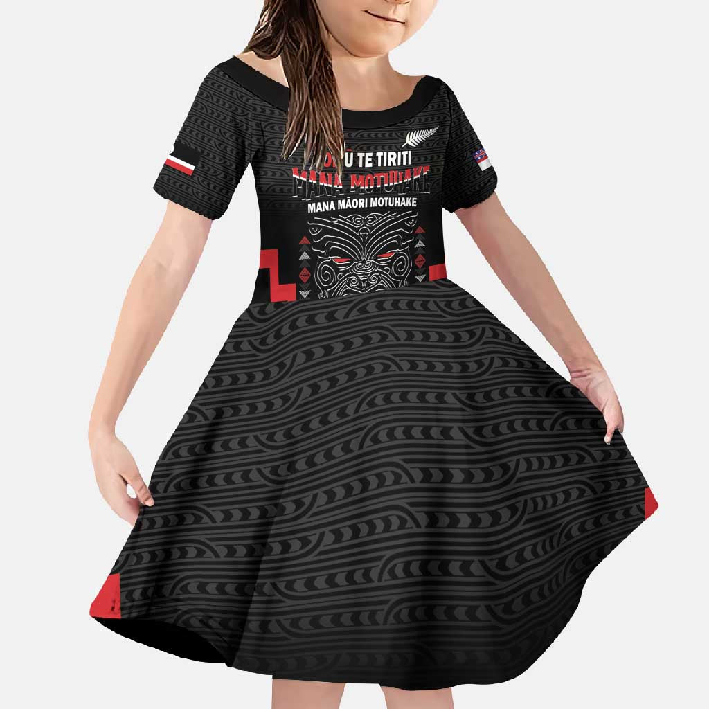 Personalised Toitu Te Tiriti Mana Maori Motuhake Family Matching Mermaid Dress and Hawaiian Shirt Aotearoa Haka Face Mix Poutama Art LT14 Daughter's Dress Black - Polynesian Pride