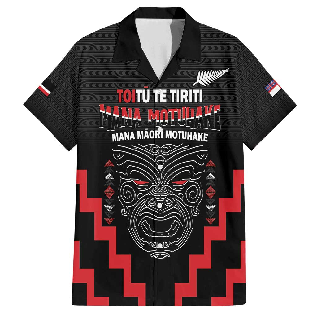 Personalised Toitu Te Tiriti Mana Maori Motuhake Family Matching Tank Maxi Dress and Hawaiian Shirt Aotearoa Haka Face Mix Poutama Art LT14 Dad's Shirt - Short Sleeve Black - Polynesian Pride