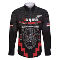 Personalised Toitu Te Tiriti Mana Maori Motuhake Family Matching Tank Maxi Dress and Hawaiian Shirt Aotearoa Haka Face Mix Poutama Art LT14 Dad's Shirt - Long Sleeve Black - Polynesian Pride
