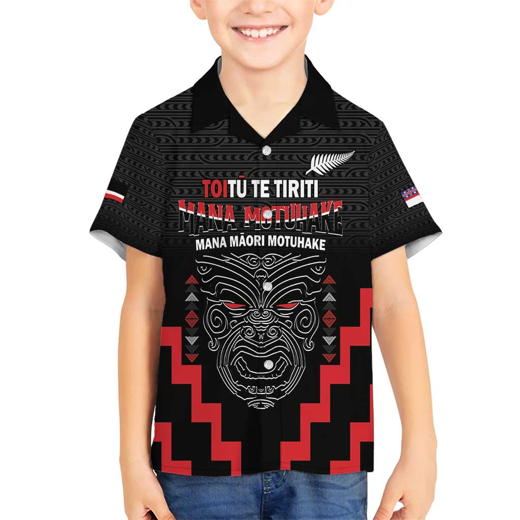 Personalised Toitu Te Tiriti Mana Maori Motuhake Family Matching Tank Maxi Dress and Hawaiian Shirt Aotearoa Haka Face Mix Poutama Art LT14 Son's Shirt Black - Polynesian Pride