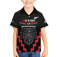Personalised Toitu Te Tiriti Mana Maori Motuhake Family Matching Tank Maxi Dress and Hawaiian Shirt Aotearoa Haka Face Mix Poutama Art LT14 Son's Shirt Black - Polynesian Pride
