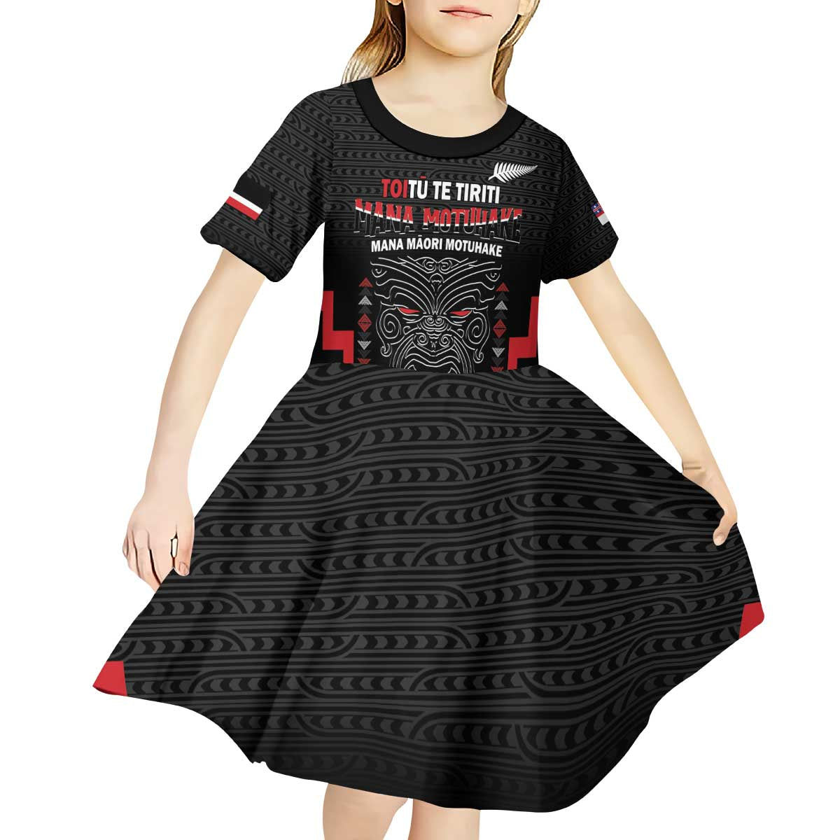 Personalised Toitu Te Tiriti Mana Maori Motuhake Kid Short Sleeve Dress Aotearoa Haka Face Mix Poutama Art