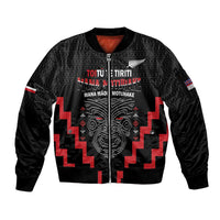 Personalised Toitu Te Tiriti Mana Maori Motuhake Sleeve Zip Bomber Jacket Aotearoa Haka Face Mix Poutama Art