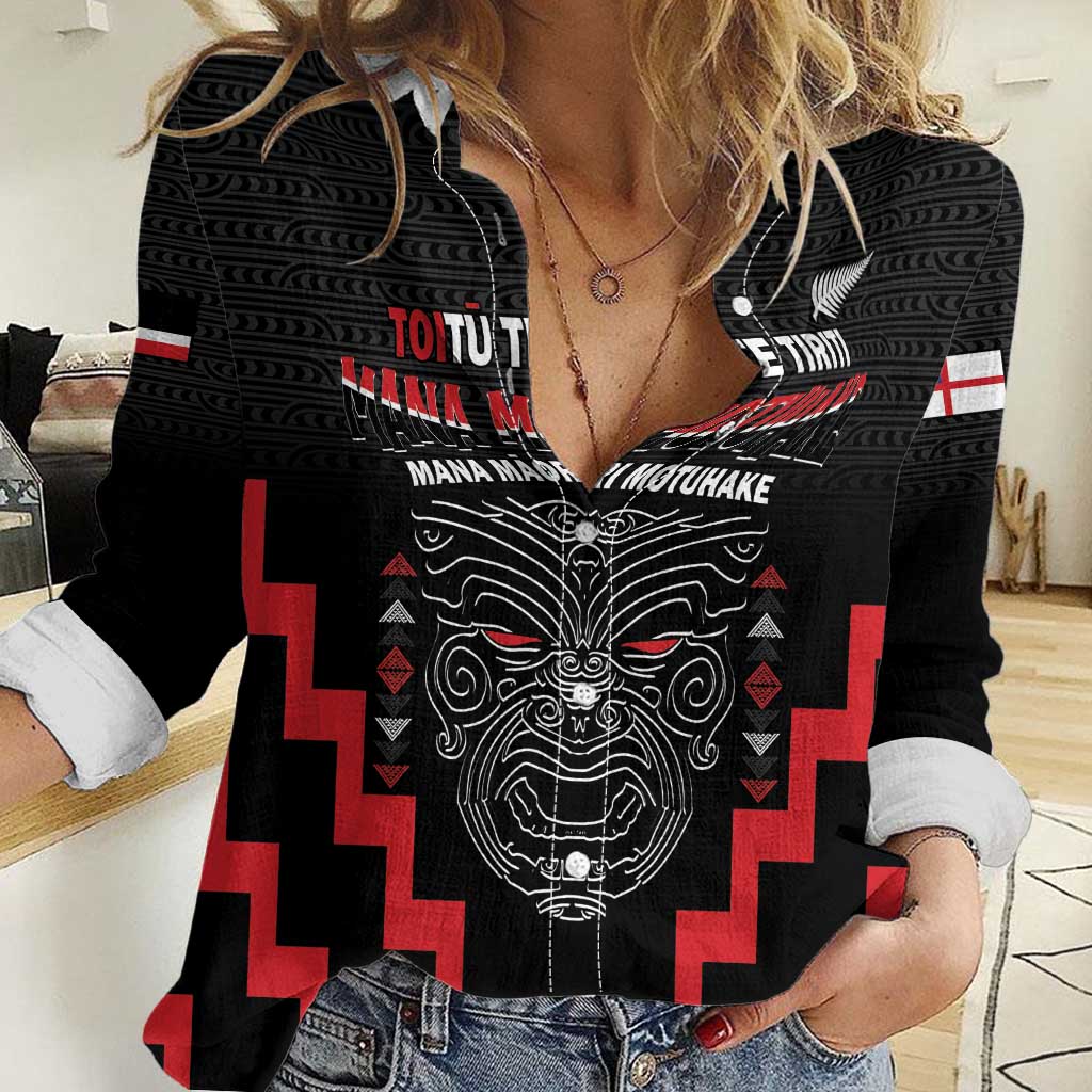 Personalised Toitu Te Tiriti Mana Maori Motuhake Women Casual Shirt Aotearoa Haka Face Mix Poutama Art
