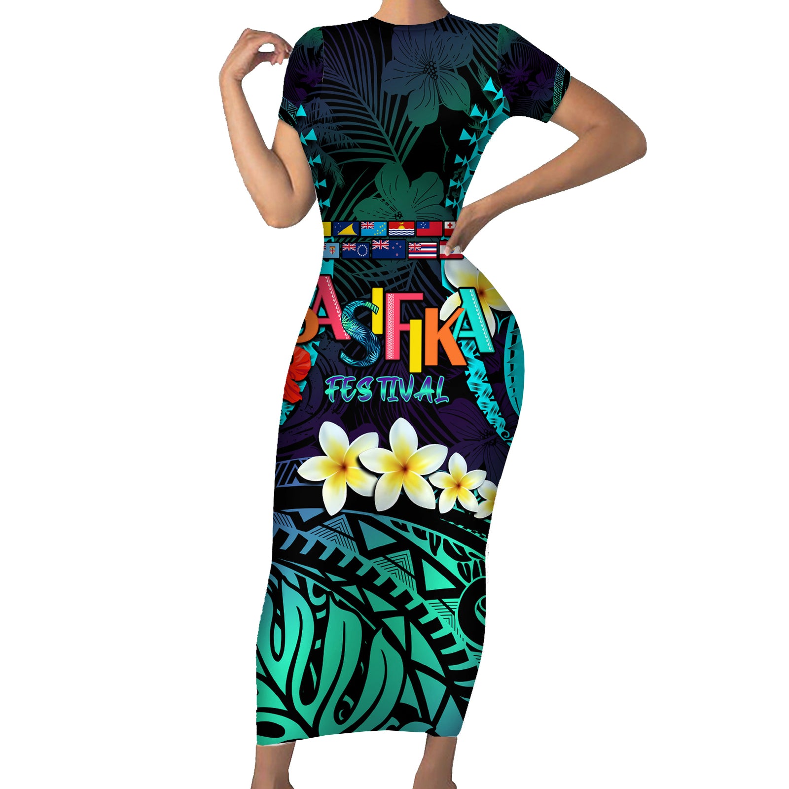 Personalised Pasifika Festival Auckland Short Sleeve Bodycon Dress 2024 Pacific Islands Polynesian Pattern LT14 Long Dress Purple - Polynesian Pride