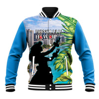Personalised Honolulu Aloha Hawaii Baseball Jacket Tropical Leaves With Hula Girl LT14 Unisex Blue - Polynesian Pride