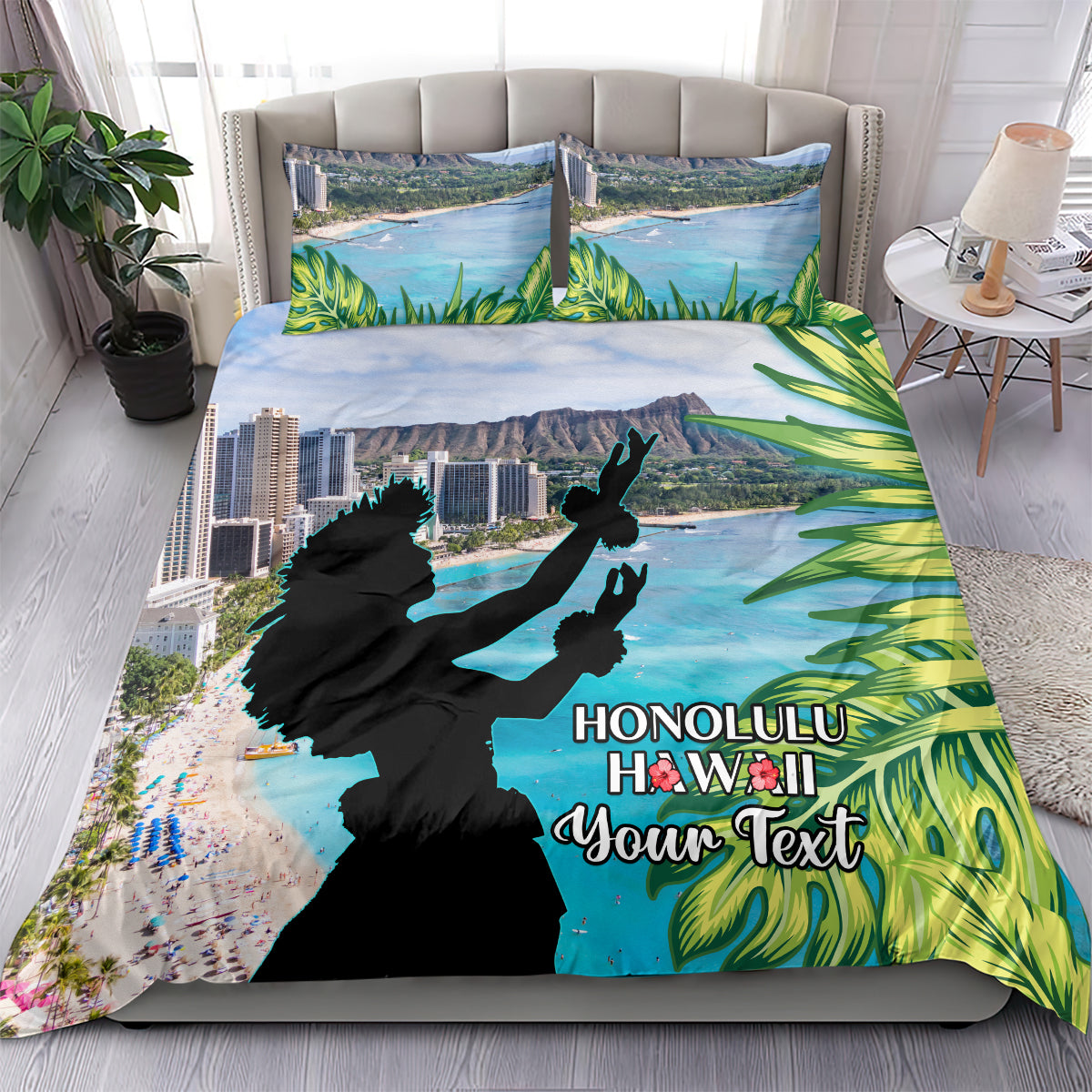 Personalised Honolulu Aloha Hawaii Bedding Set Tropical Leaves With Hula Girl LT14 - Polynesian Pride