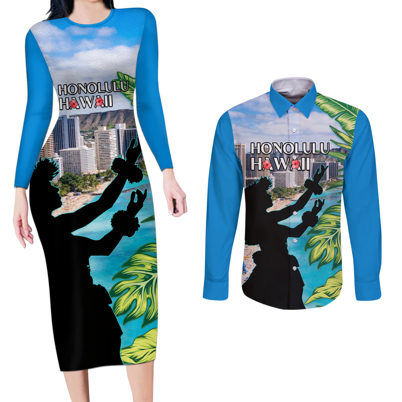 Personalised Honolulu Aloha Hawaii Couples Matching Long Sleeve Bodycon Dress and Long Sleeve Button Shirt Tropical Leaves With Hula Girl LT14 Blue - Polynesian Pride
