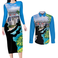 Personalised Honolulu Aloha Hawaii Couples Matching Long Sleeve Bodycon Dress and Long Sleeve Button Shirt Tropical Leaves With Hula Girl LT14 Blue - Polynesian Pride