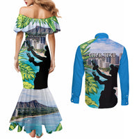 Personalised Honolulu Aloha Hawaii Couples Matching Mermaid Dress and Long Sleeve Button Shirt Tropical Leaves With Hula Girl LT14 - Polynesian Pride