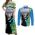 Personalised Honolulu Aloha Hawaii Couples Matching Off Shoulder Maxi Dress and Long Sleeve Button Shirt Tropical Leaves With Hula Girl LT14 Blue - Polynesian Pride