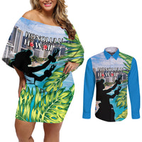 Personalised Honolulu Aloha Hawaii Couples Matching Off Shoulder Short Dress and Long Sleeve Button Shirt Tropical Leaves With Hula Girl LT14 Blue - Polynesian Pride