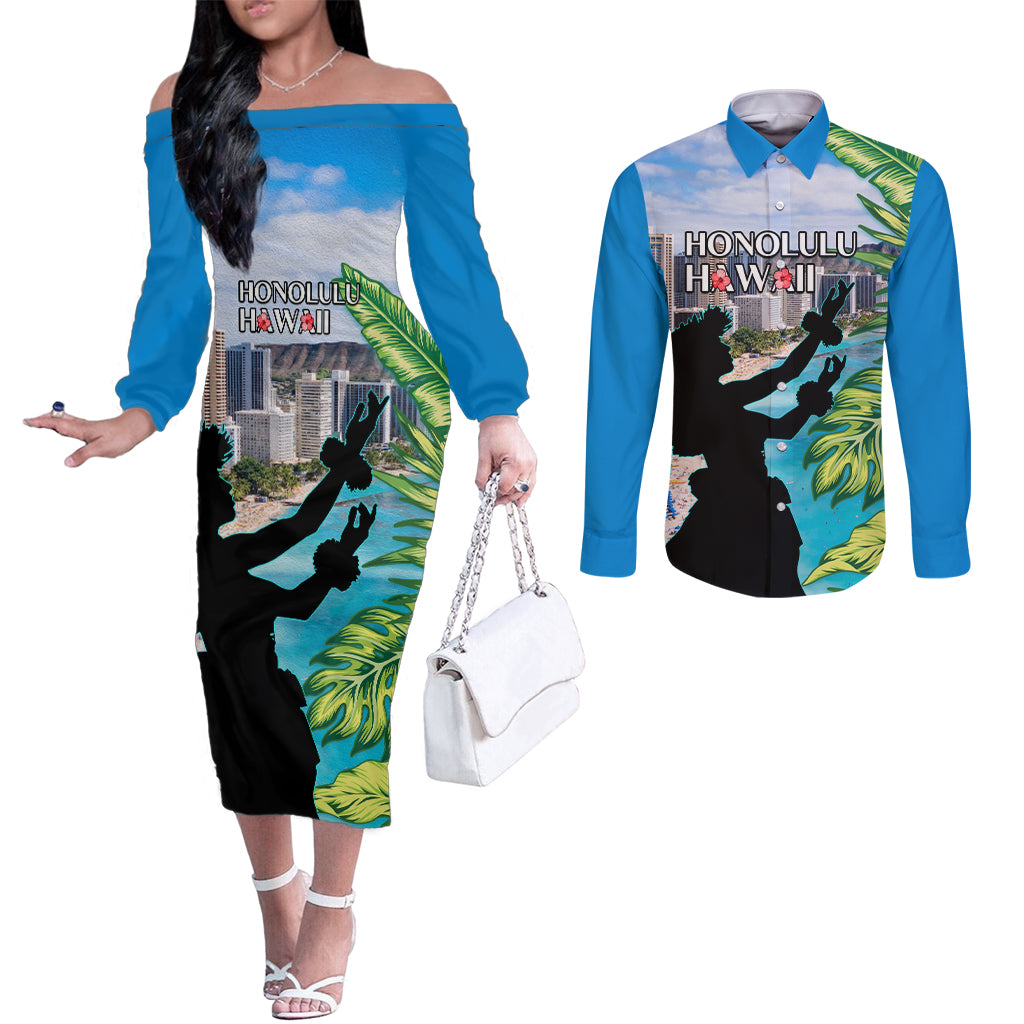 Personalised Honolulu Aloha Hawaii Couples Matching Off The Shoulder Long Sleeve Dress and Long Sleeve Button Shirt Tropical Leaves With Hula Girl LT14 Blue - Polynesian Pride