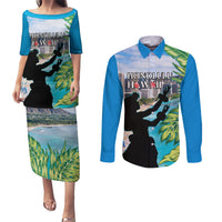 Personalised Honolulu Aloha Hawaii Couples Matching Puletasi and Long Sleeve Button Shirt Tropical Leaves With Hula Girl LT14 Blue - Polynesian Pride