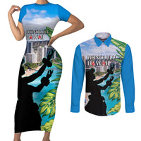 Personalised Honolulu Aloha Hawaii Couples Matching Short Sleeve Bodycon Dress and Long Sleeve Button Shirt Tropical Leaves With Hula Girl LT14 Blue - Polynesian Pride