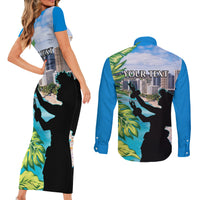 Personalised Honolulu Aloha Hawaii Couples Matching Short Sleeve Bodycon Dress and Long Sleeve Button Shirt Tropical Leaves With Hula Girl LT14 - Polynesian Pride