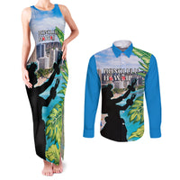 Personalised Honolulu Aloha Hawaii Couples Matching Tank Maxi Dress and Long Sleeve Button Shirt Tropical Leaves With Hula Girl LT14 Blue - Polynesian Pride