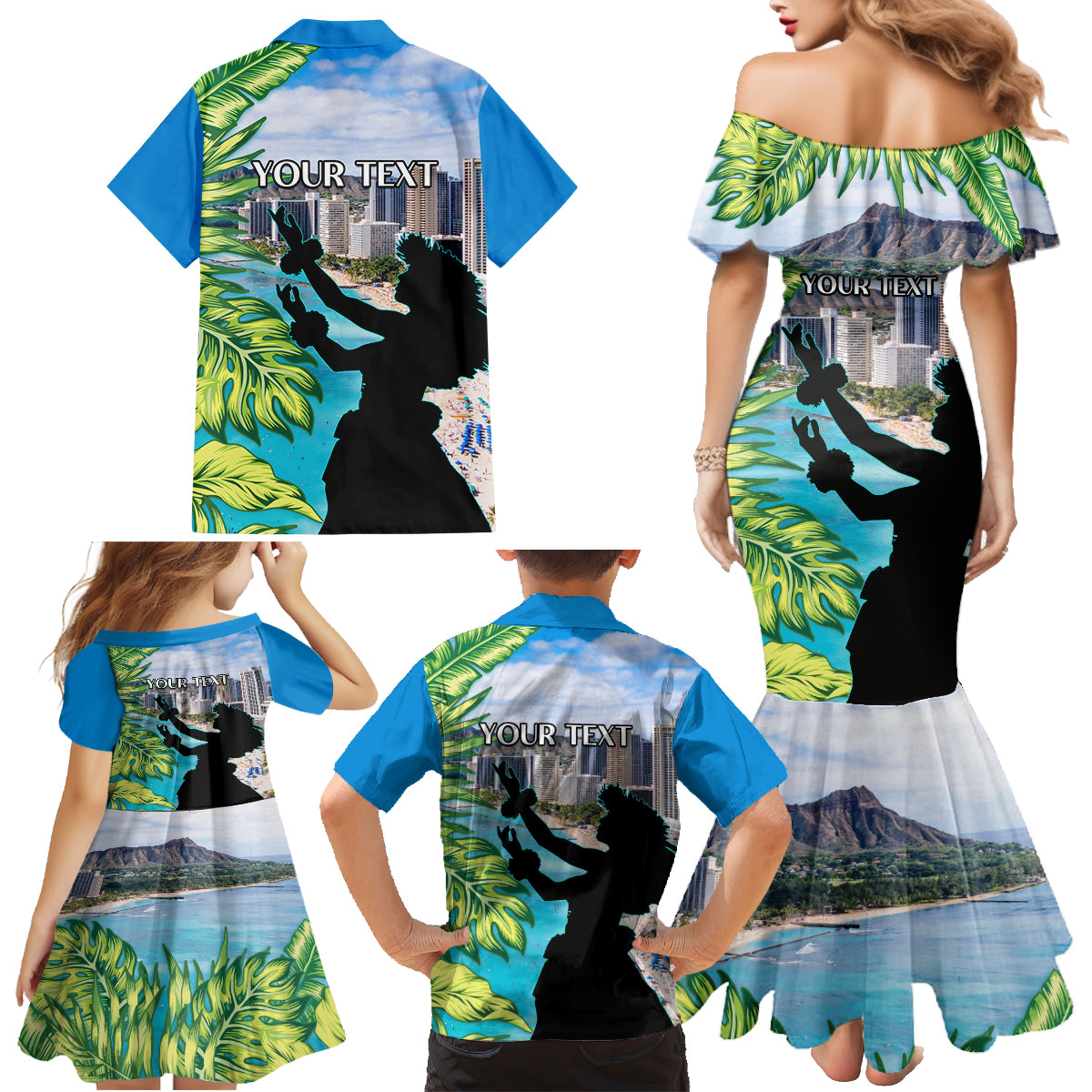 Personalised Honolulu Aloha Hawaii Family Matching Mermaid Dress and Hawaiian Shirt Tropical Leaves With Hula Girl LT14 - Polynesian Pride