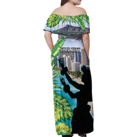 Personalised Honolulu Aloha Hawaii Family Matching Off Shoulder Maxi Dress and Hawaiian Shirt Tropical Leaves With Hula Girl LT14 - Polynesian Pride