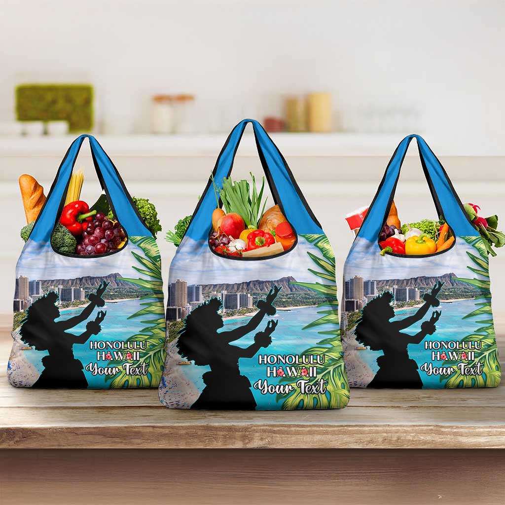Personalised Honolulu Aloha Hawaii Grocery Bag Tropical Leaves With Hula Girl