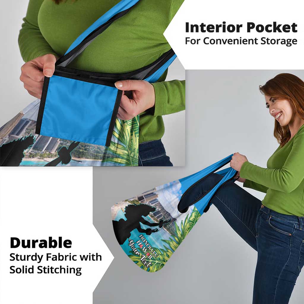 Personalised Honolulu Aloha Hawaii Grocery Bag Tropical Leaves With Hula Girl