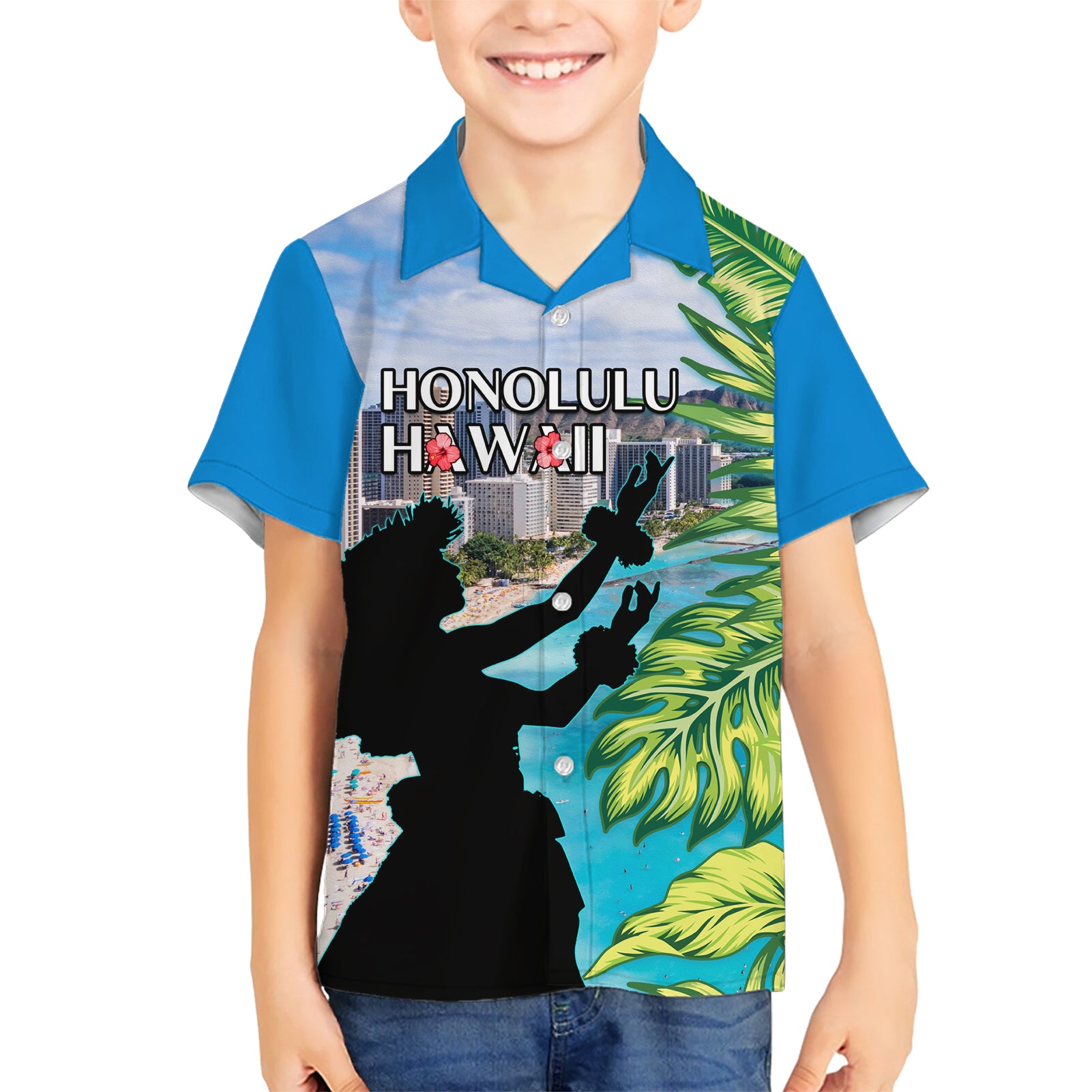 Personalised Honolulu Aloha Hawaii Kid Hawaiian Shirt Tropical Leaves With Hula Girl LT14 Kid Blue - Polynesian Pride