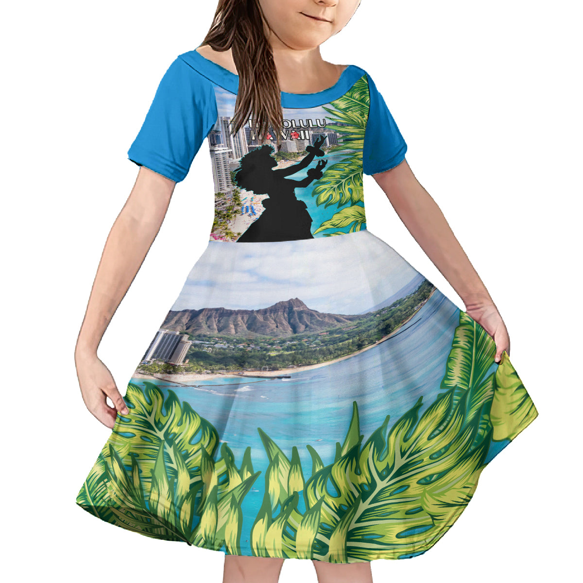 Personalised Honolulu Aloha Hawaii Kid Short Sleeve Dress Tropical Leaves With Hula Girl LT14 KID Blue - Polynesian Pride