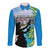 Personalised Honolulu Aloha Hawaii Long Sleeve Button Shirt Tropical Leaves With Hula Girl LT14 Unisex Blue - Polynesian Pride
