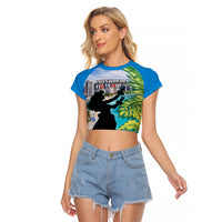 Personalised Honolulu Aloha Hawaii Raglan Cropped T Shirt Tropical Leaves With Hula Girl LT14 Female Blue - Polynesian Pride