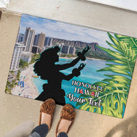 Personalised Honolulu Aloha Hawaii Rubber Doormat Tropical Leaves With Hula Girl LT14 - Polynesian Pride