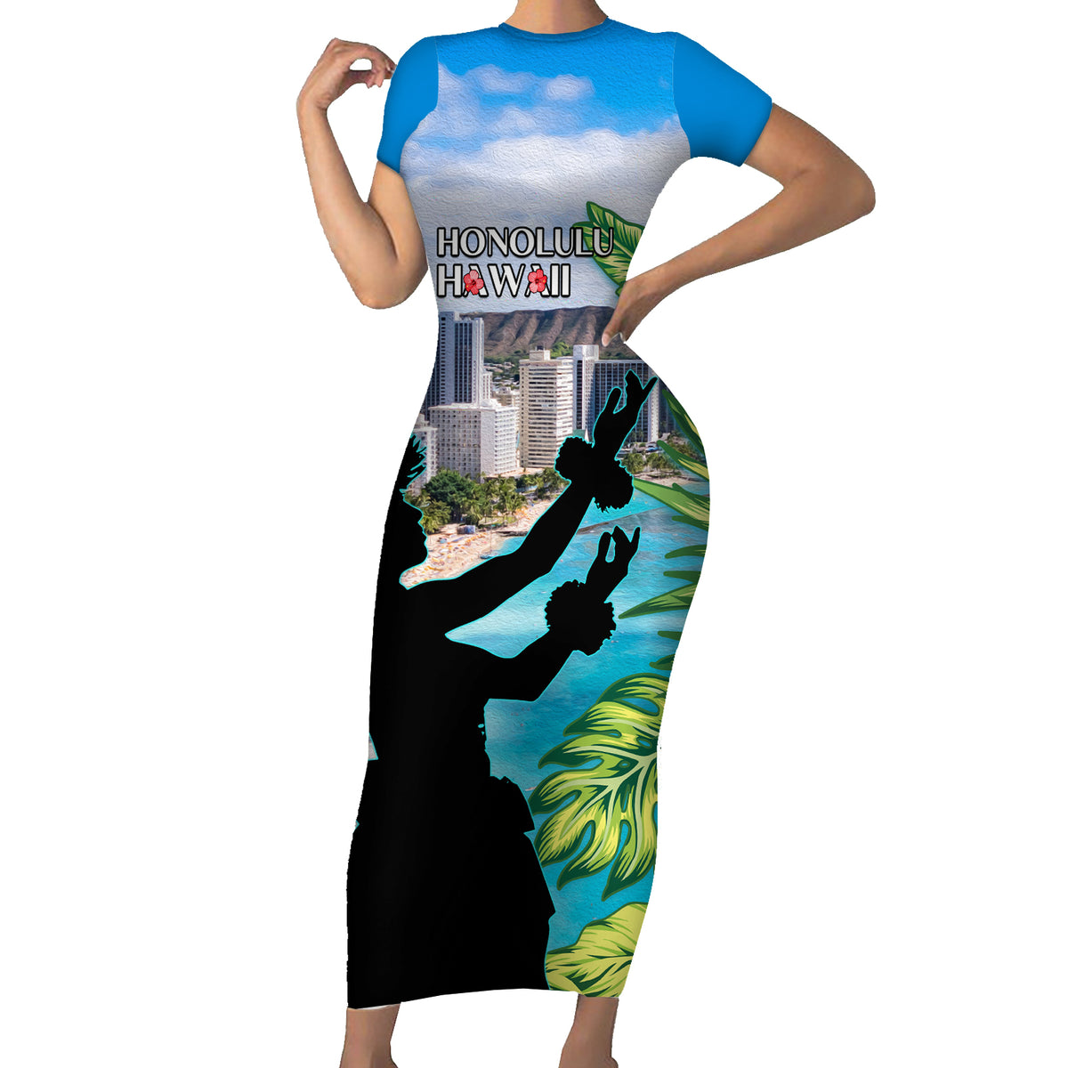 Personalised Honolulu Aloha Hawaii Short Sleeve Bodycon Dress Tropical Leaves With Hula Girl LT14 Long Dress Blue - Polynesian Pride