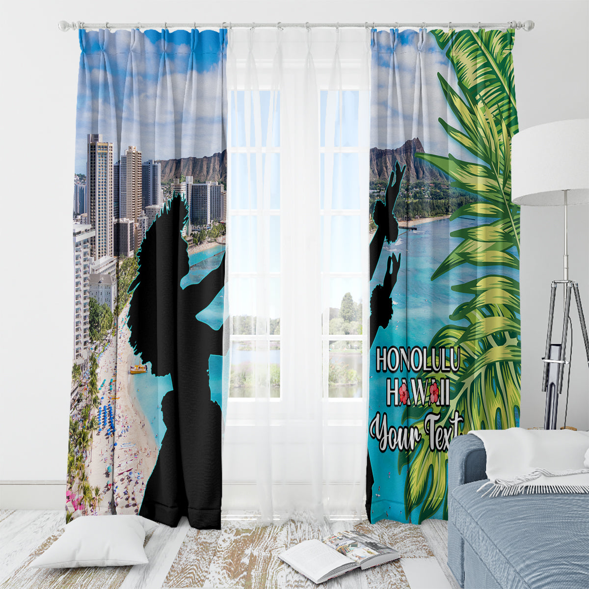 Personalised Honolulu Aloha Hawaii Window Curtain Tropical Leaves With Hula Girl LT14 - Polynesian Pride