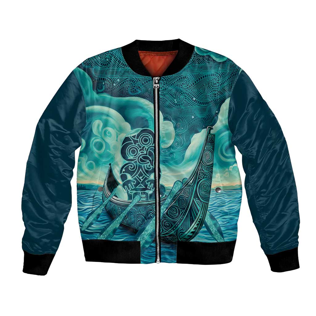 Personalised New Zealand Waitangi Day Bomber Jacket Hei Tiki With Maori Waka - Whakarare Pattern LT14 Unisex Dark Cyan - Polynesian Pride