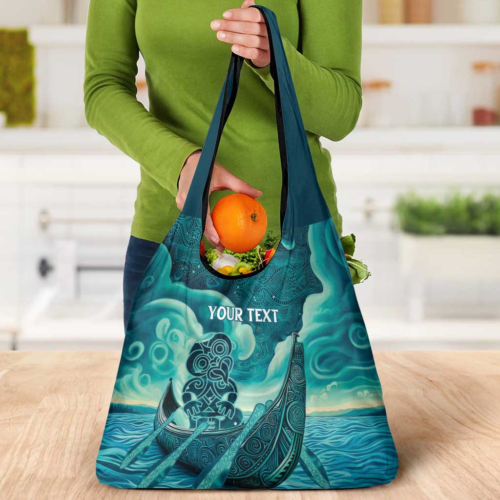 Personalised New Zealand Waitangi Day Grocery Bag Hei Tiki With Maori Waka - Whakarare Pattern
