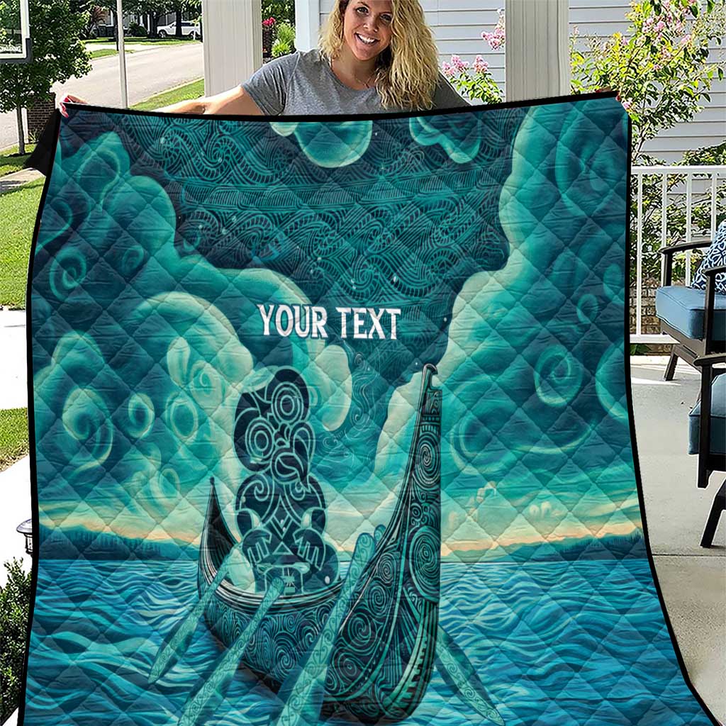 Personalised New Zealand Waitangi Day Quilt Hei Tiki With Maori Waka - Whakarare Pattern LT14 Dark Cyan - Polynesian Pride