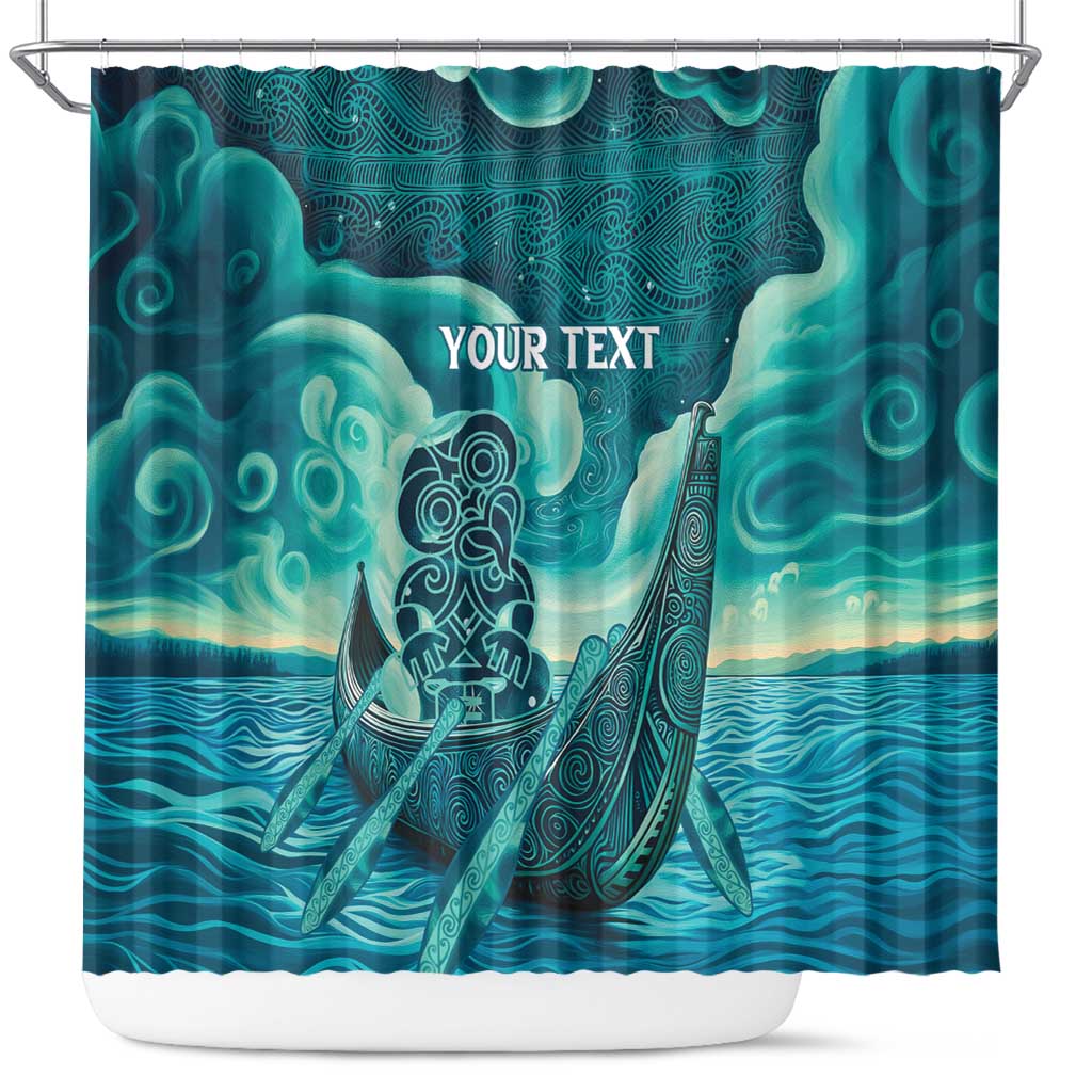 Personalised New Zealand Waitangi Day Shower Curtain Hei Tiki With Maori Waka - Whakarare Pattern LT14 Dark Cyan - Polynesian Pride