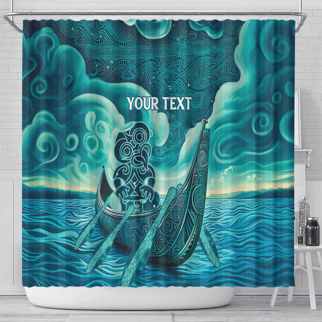 Personalised New Zealand Waitangi Day Shower Curtain Hei Tiki With Maori Waka - Whakarare Pattern LT14 - Polynesian Pride