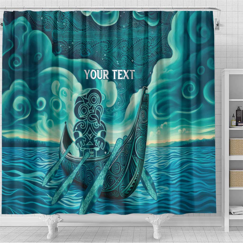 Personalised New Zealand Waitangi Day Shower Curtain Hei Tiki With Maori Waka - Whakarare Pattern LT14 - Polynesian Pride