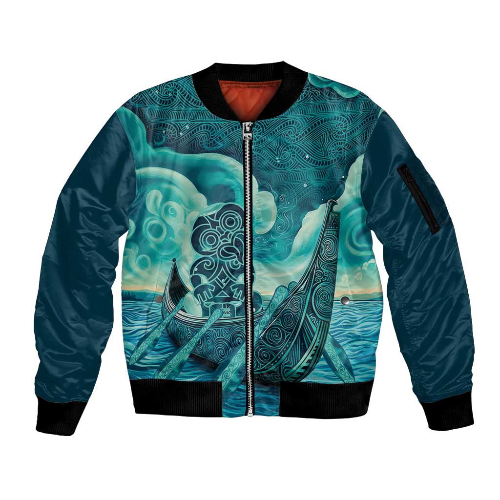 Personalised New Zealand Waitangi Day Sleeve Zip Bomber Jacket Hei Tiki With Maori Waka - Whakarare Pattern LT14 Unisex Dark Cyan - Polynesian Pride