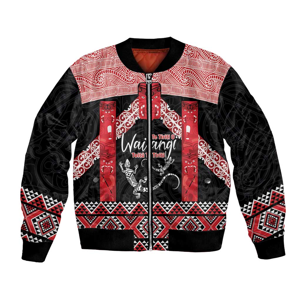 Toitu Te Tiriti O Waitangi Bomber Jacket Maori Wharenui With Taniko Motifs LT14 Unisex Red - Polynesian Pride