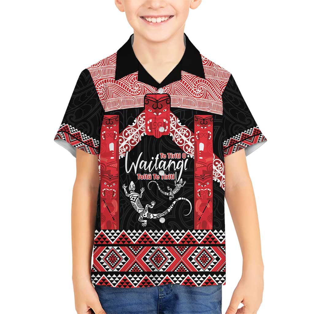 Toitu Te Tiriti O Waitangi Family Matching Off Shoulder Short Dress and Hawaiian Shirt Maori Wharenui With Taniko Motifs