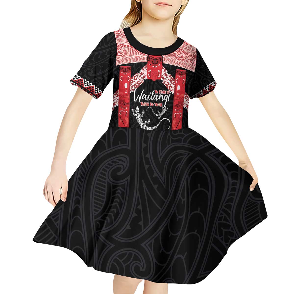 Toitu Te Tiriti O Waitangi Kid Short Sleeve Dress Maori Wharenui With Taniko Motifs