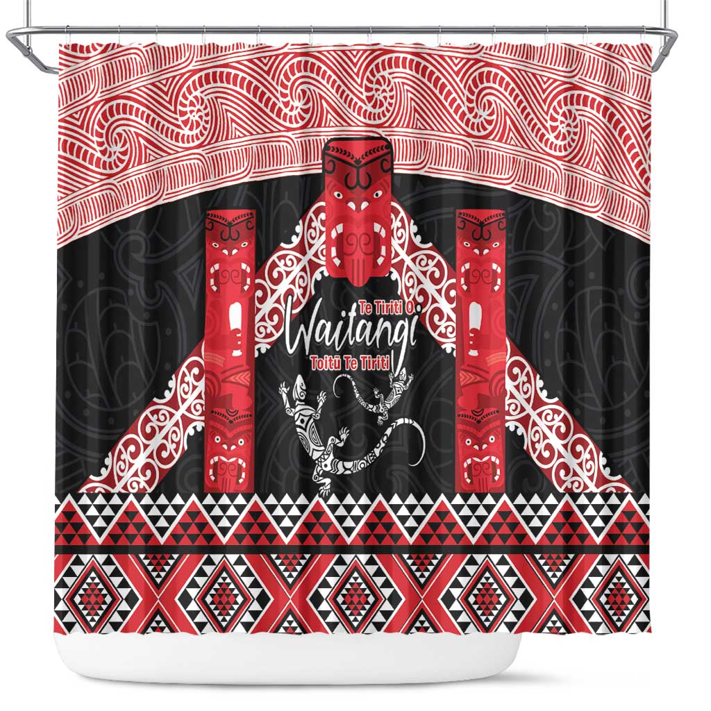 Toitu Te Tiriti O Waitangi Shower Curtain Maori Wharenui With Taniko Motifs LT14 Red - Polynesian Pride