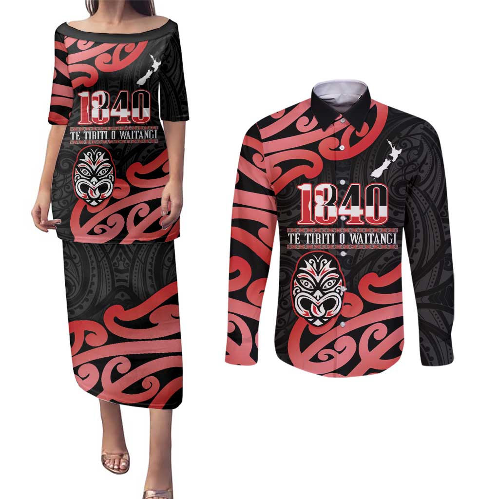 New Zealand 1840 Waitangi Day Couples Matching Puletasi and Long Sleeve Button Shirt Aotearoa Haka Mask - Red Version LT14 Red - Polynesian Pride