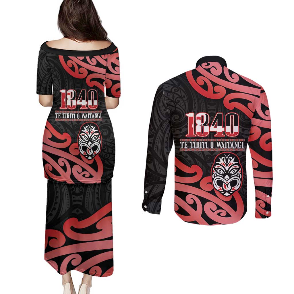 New Zealand 1840 Waitangi Day Couples Matching Puletasi and Long Sleeve Button Shirt Aotearoa Haka Mask - Red Version LT14 - Polynesian Pride